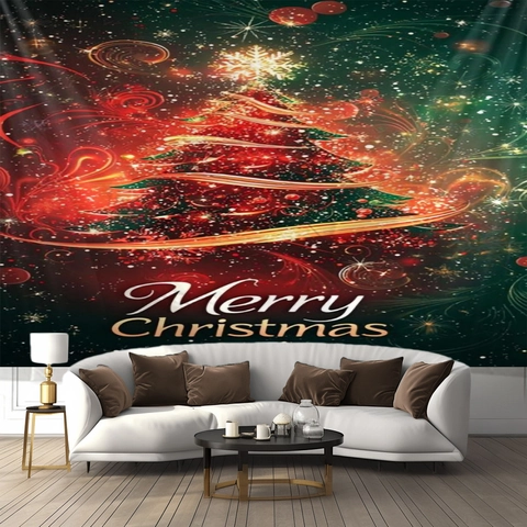 Christmas Tapestry Wall Hanging Polyester 3D Merry Christmas Tree Print Large Backdrop For Living Room Bedroom Dorm Decor