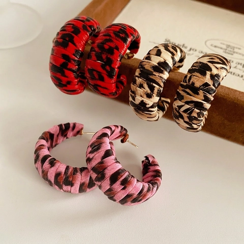 Hoop Earrings Leopard Print Faux Leather C-Shaped Chunky Retro Fashion Women With 925 Sterling Silver Earring Post