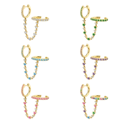 Orecchini A Cerchio Con Catena Collegata Ear Cuff Rame Zirconia E Perno In Argento Gioielli Di Moda Donna