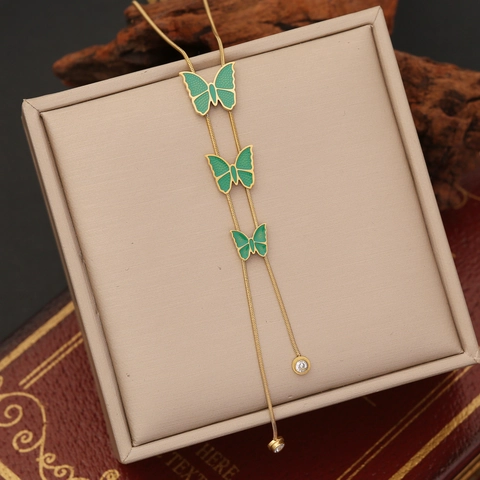Collar En Y Con Borlas De Mariposa Acero Inoxidable Esmalte Zircón Colgante Chapado En Oro Cadena De Serpiente Joyería Elegante