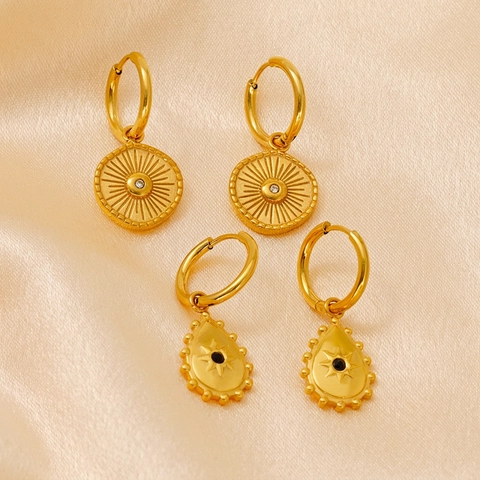 Orecchini Pendenti In Acciaio Inossidabile Placcato Oro 18K Per Donna Sole Geometrico Goccia Disco Strass Intarsiato
