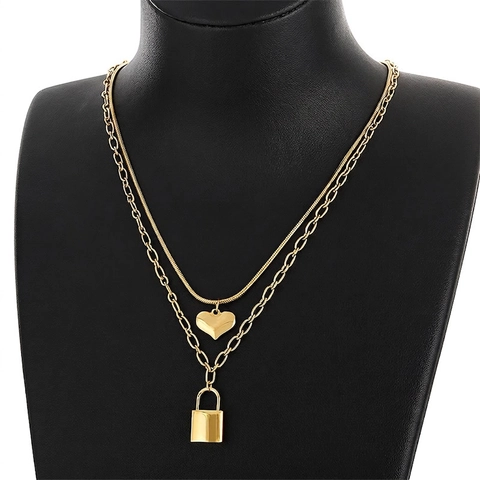Collana A Doppio Strato In Acciaio Inossidabile Pendente A Cuore E Lucchetto Gioielli Di Moda Donne Oro Argento
