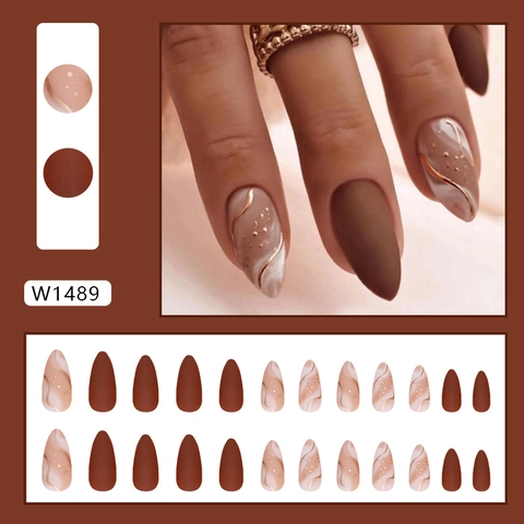 Matte Dark Brown And Marble Pattern ABS Press On Nails Long Almond Shape With Gold Line Elegant Artificial Nails For Women