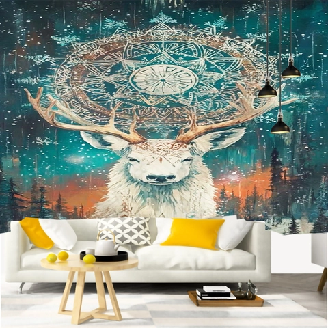 Mandala Ciervo Loto Tapiz De Pared Psicodélico Bosque Abstracto Bohemio Poliéster Arte Decoración Para Dormitorio Sala De Estar