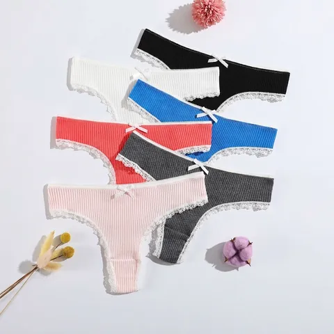 Perizoma Donna A Vita Bassa Intimo In Cotone A Costine Con Bordo In Pizzo Bianco E Fiocco Traspirante