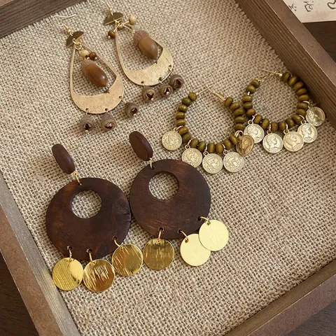 Boho Geometrische Holz Legierung Ohrringe Mit 925 Sterling Silber Ohrstecker Vintage Ethnischen Stil Schmuck Für Frauen