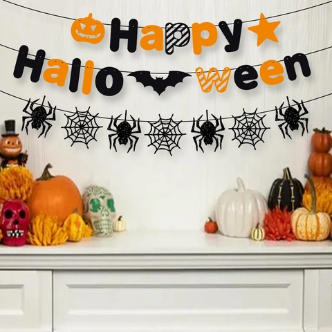 Banner Di Halloween Ghirlande Carta Glitterata Lettere Happy Halloween Zucca Pipistrello Teschio Cappello Da Strega