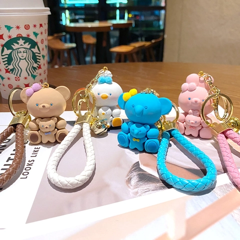 Cartoon Resin Animal Keychain Cute Bear Rabbit Duck Figurine With PU Woven Strap Bell Car Bag Pendant Jewelry Gift