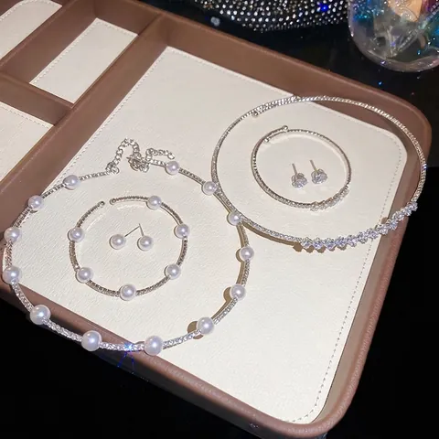 Collar Pulsera Pendientes Perlas Artificiales Rhinestone Aleación Con Poste Plata Accesorio Elegante Boda Para Mujeres