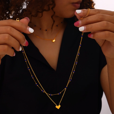 Double Layered Titanium Steel Heart Pendant Necklace With Blue Artificial Crystal Beads Gold Plated Clavicle Chain Jewelry