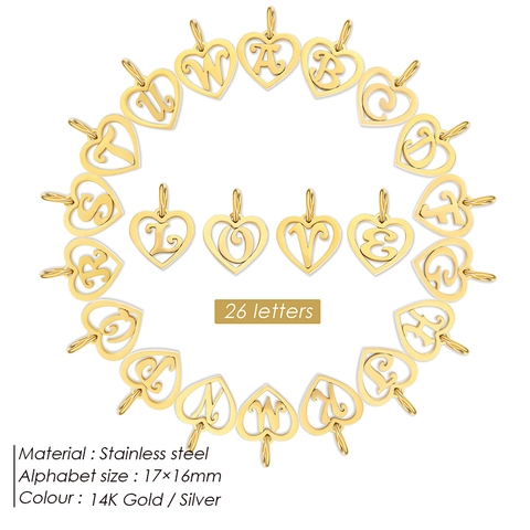 Roestvrij Staal Opengewerkt Hart Alfabet Hanger Voor DIY Sieraden Maken Armband Ketting Handgemaakte Charms Goud Zilver Letter Hanger