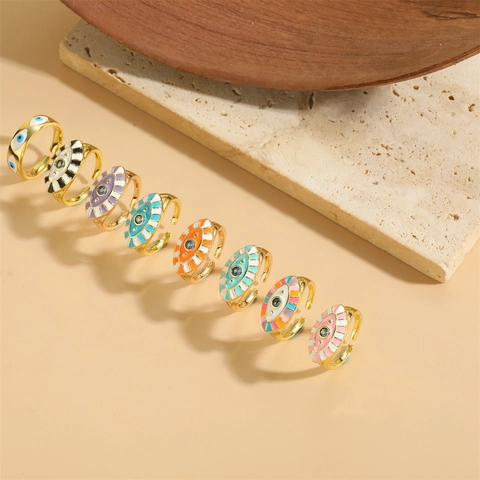 French Vintage Evil Eye Ring Copper With Zirconia Colorful Enamel Adjustable Open Ring Fashion Jewelry For Women