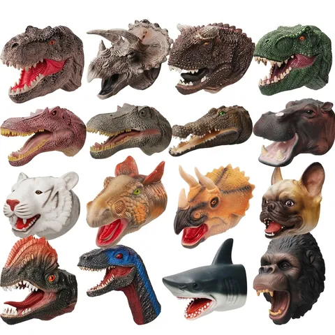 Realistic Dinosaur Hand Puppet Animal Head Gloves Soft Rubber Stretchy T-Rex Shark Toy For Kids Role Play Storytelling