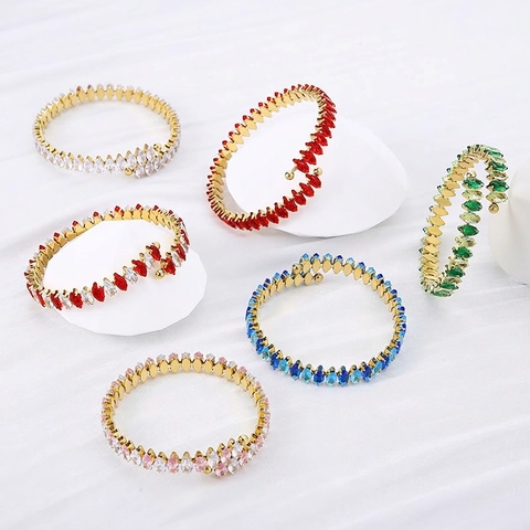 Marquise Geslepen Kleurrijke Zirkonia Open Armband Roestvrij Staal Verguld Bypass Luxe Mode Sieraden Voor Dames