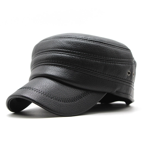 Men PU Leather Flat Top Cadet Hat With Foldable Ear Flaps Warm Winter Windproof Outdoor Peaked Cap Black