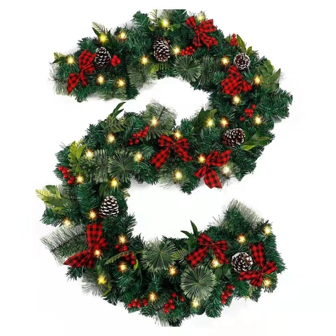 Deluxe Christmas Garland Rattan With Warm LED Lights Electroplated Balls Bows Flame Retardant PVC Festive Decoration For Home Hotel