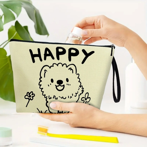 Borsa Trucco Multifunzionale In Lino Fine Stampa Cucciolo Cartone Animato Scritta Happy Organizzatore Da Toeletta Con Cinturino