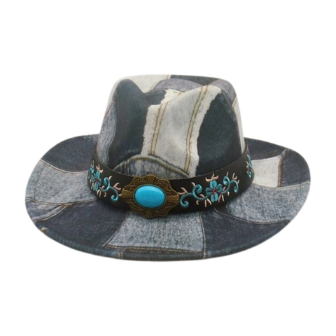 Western Cowboy Hat Patchwork Denim Peach Heart Wide Brim Fedora With Floral Embroidery And Turquoise Stone Bohemian