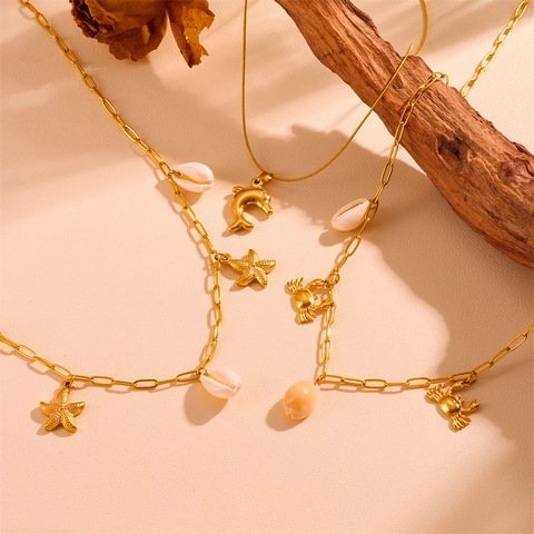 Ocean Theme Stainless Steel Necklace With Dolphin Starfish Shell Crab Pendants Summer Beach Jewelry For Women