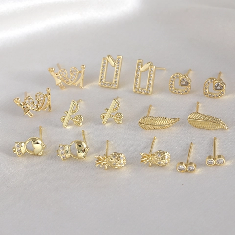 Gold Plated Copper Stud Earrings For Women Minimalist Rhinestone Heart Leaf Geometric Earrings For Daily Fashion Jewelry Gift