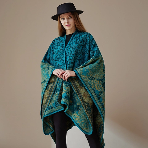 Women's Faux Cashmere Open Front Poncho Cape Shawl Vintage Paisley Print Double-Sided Reversible Warm Winter Cloak