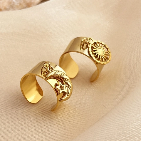 Zon Maan Ster Bedels Verstelbare Open Ringen 18K Verguld Roestvrij Staal Brede Band Vintage Hemelse Sieraden