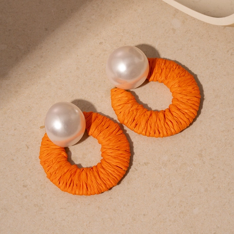 Orecchini Pendenti A Cerchio In Rafia Intrecciata Con Perla Artificial Imitazione E Silver Earring Post Stile Bohemien Estivo
