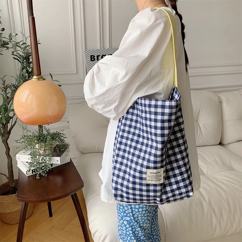Τσάντα Tote Από Καμβά Με Καρό Σχέδιο Gingham Τσάντα Ώμου Μεγάλης Χωρητικότητας Casual Για Γυναίκες Κορίτσια