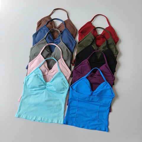 Reggiseno Sportivo Allacciato Al Collo Senza Cuciture Donna Top Yoga A Costine Scollo A V Arricciato Con Imbottiture Nylon Spandex