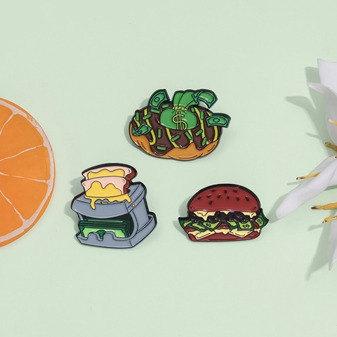 Cartoon Food Money Alloy Enamel Pin Creative Burger Donut Toaster Design Dollar Sign Metal Badge For Backpack Clothing Decoration Unisex