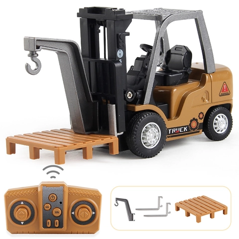 1:64 Scale Mini Remote Control Forklift Crane Alloy Engineering Vehicle Model 8 Channel Simulation Lifting Toy Car For Kids Boys