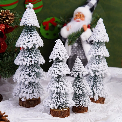 Mini Beflockter Weihnachtsbaum Mit Kunstschnee Und Holzsockel Tisch Kiefer Ornament Für Zuhause Fenster Feiertag Dekoration