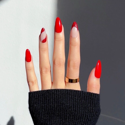 Uñas Postizas A Presión Con Rayas Rojas Y Purpurina Forma De Almendra Largas Brillantes Para Mujeres