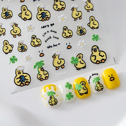 3D Embossed Nail Art Stickers PET Cartoon Yellow Duck Flower Clover Design DIY Manicure Decoration Cute For Women