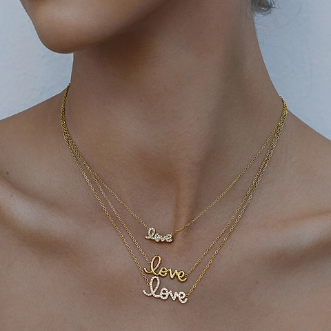 Love Letter Pendant Necklace Stainless Steel Rhinestone Layered Chain Choker Fashion Jewelry For Women Waterproof