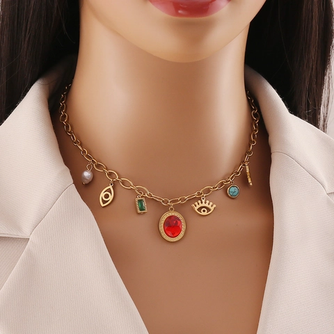 Stainless Steel Pendant Necklace Gold Plated Colorful Cat Eye Stone Evil Eye Heart Charms Bohemian Style Jewelry