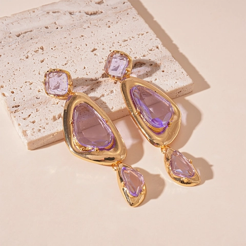 Retro Geometric Triangle Dangle Earrings For Women With Purple Acrylic Alloy And 925 Sterling Silver Earring Post