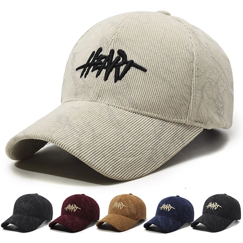 Casquette Baseball Velours Côtelé Broderie Heart Vintage Réglable Dad Hat Texture Délavée Outdoor Streetwear Pour Hommes Femmes