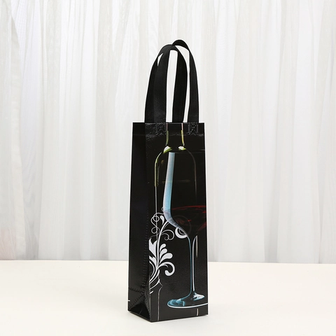 Black Non-Woven Wine Gift Bag Portable Wine Bottle Packaging Bag Artistic Wine Glass Printing Reusable Shopping Tote Bag