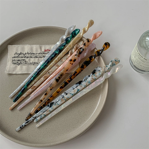 Acetate Hair Stick Spiral Twisted Hairpin Vintage Marble Pattern Elegant Hair Fork Styling Tool For Women French Retro