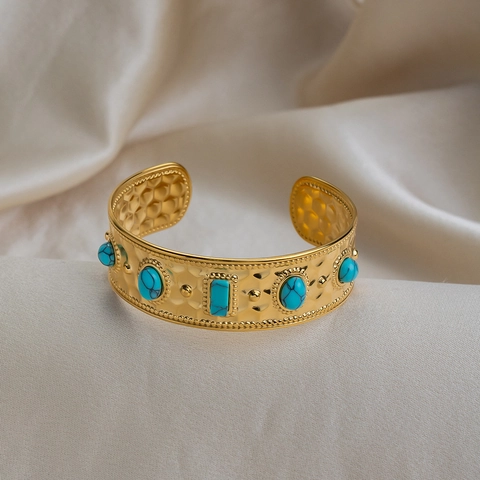 Bracciale Aperto In Acciaio Inossidabile Martellato Con Placcatura Oro 18K Turchese Stile Bohémien Retrò Etnico