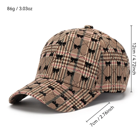 Women Plaid Baseball Cap With Bowknot Print Retro British Style Polyester Sun Protection Hat Curved Brim Adjustable Buckle