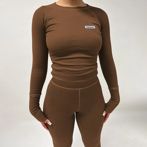 Mujeres De Punto Acanalado Ajustado Camiseta De Manga Larga Y Pantalones Largos Deporte Yoga Casual Ropa De Otoño