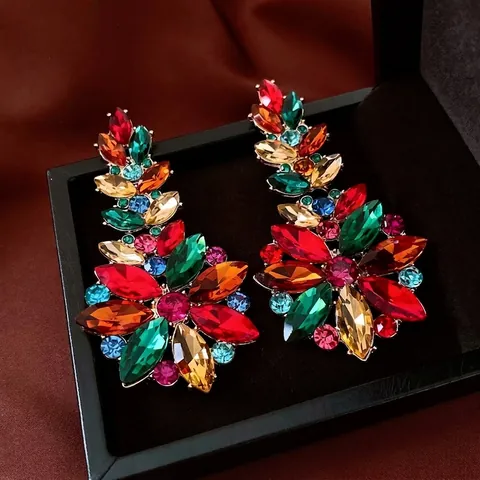 Vintage Colorful Glass Rhinestone Flower Dangle Earrings With 925 Sterling Silver Earring Post Statement Jewelry For Women