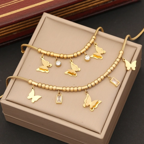Collana Orecchini Bracciale Farfalla Acciaio Inossidabile Placcato Oro Pendenti In Zircone Gioielli Per Donna Moda Elegante