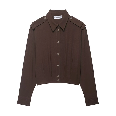 Women Long Sleeve Blouse Woven Polyester Epaulettes Button Down Cropped Utility Shirt Solid Color Chic Workwear Tops