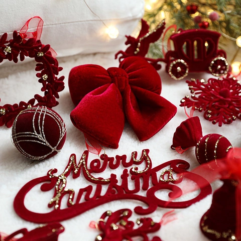 Addobbi Appesi Natale Floccato Rosso Velluto Plastica Renna Fiocco Neve Campane Fiocco Lettere Festa