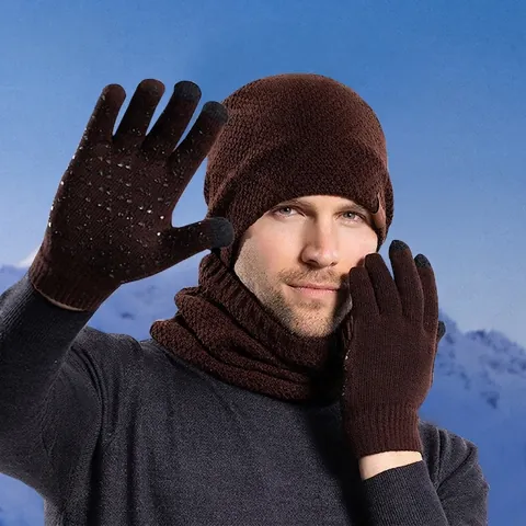 Herren Winter Beanie Mütze Halswärmer Und Touchscreen Handschuhe Acryl Strick Fleece Gefüttert Warm Winddicht Sport