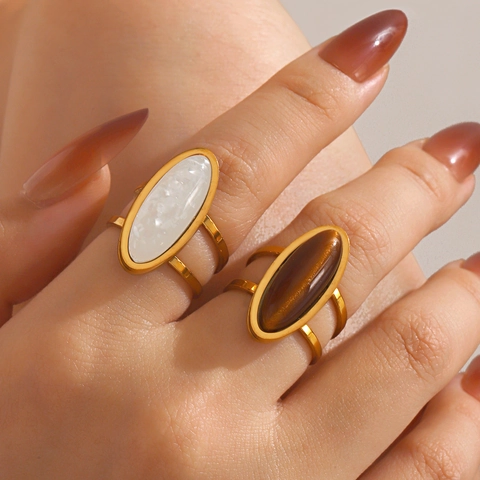 Vintage Oval Geometric Ring Stainless Steel Gold Plated Tiger Eye Stone Faux Marble Inlay Open Adjustable Fashion Women