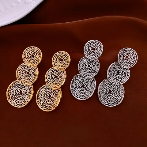 Hollow Geometric Triple Circle Drop Earrings With 925 Sterling Silver Earring Post Copper Textured Jewelry For Women
